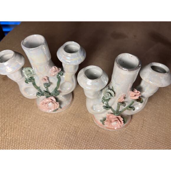 Lusterware Mid Century Opalescent Porcelain Rose Candelabra--Set of 2--Vintage - Picture 2 of 12